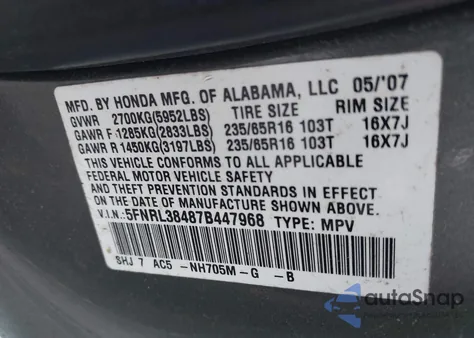 2007 Honda Odyssey Ex z USA, uszkodzony, nr VIN 5FNRL38487B447968